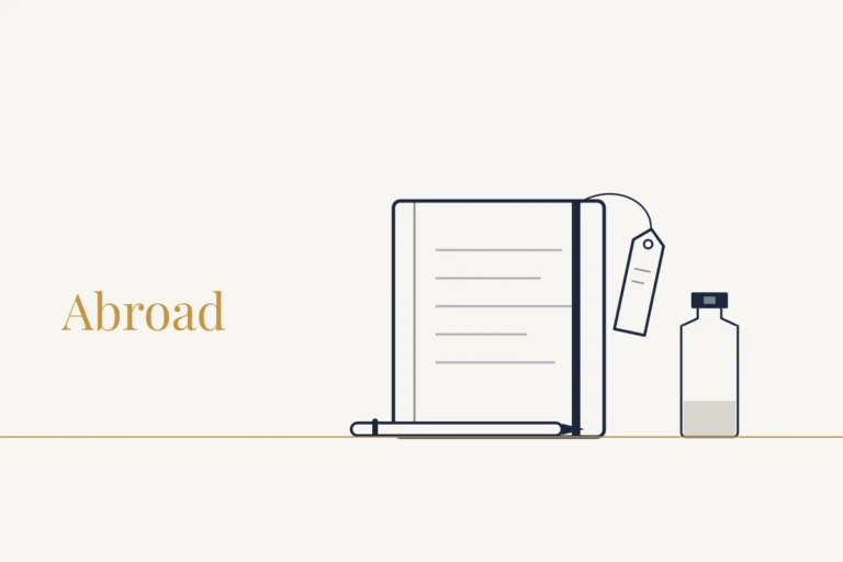Field Notes card: a field notebook with a luggage tag, a pen and a vial on a gold floor line