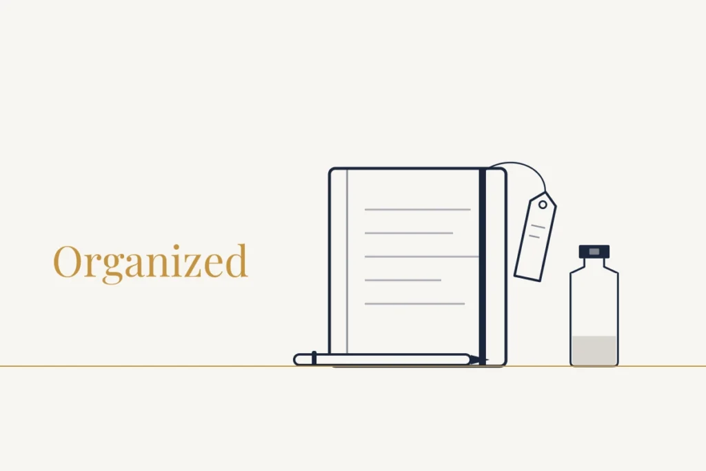 Field Notes card: a field notebook with a luggage tag, a pen and a vial on a gold floor line