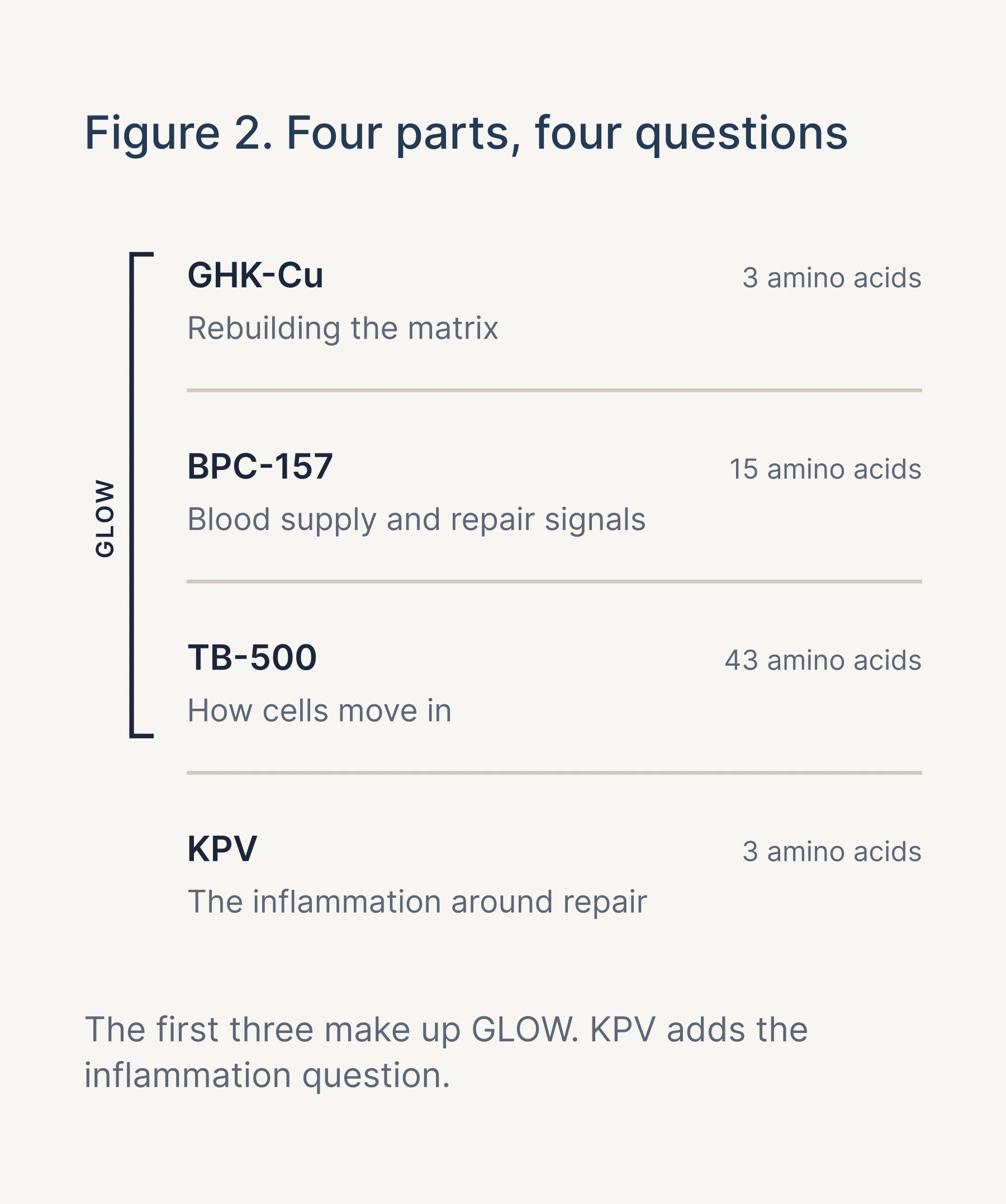Figure 2: GHK-Cu, BPC-157 and TB-500 make up GLOW; KPV adds the inflammation question