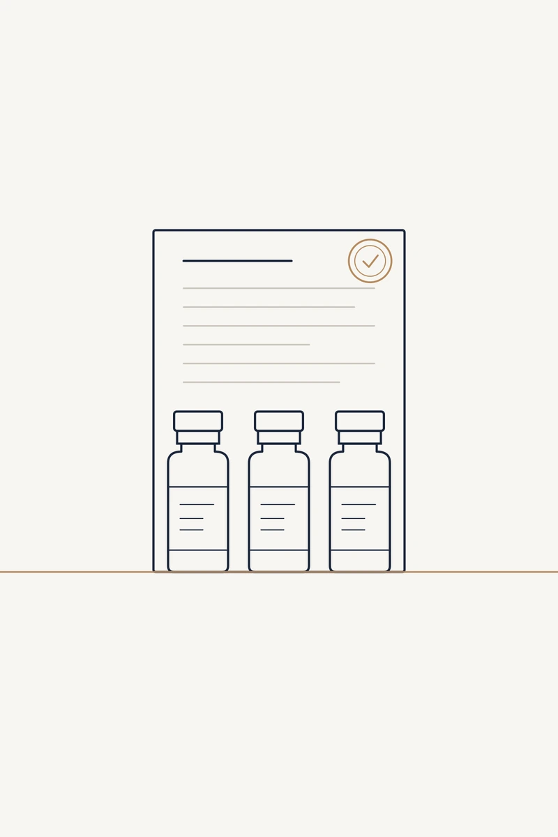 Line illustration of three research vials in front of a verified certificate