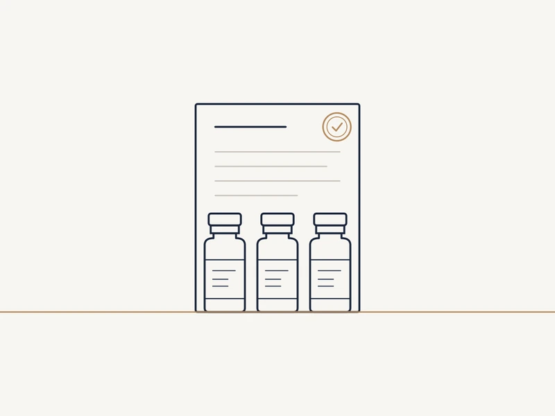 Line illustration of three research vials in front of a verified certificate