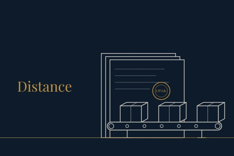 Sourcing and Supply card: stacked paperwork with a stamp behind a conveyor carrying three cartons