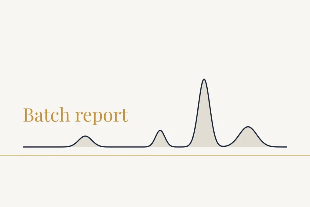Testing and Verification card: a chromatogram trace with one tall peak and three small ones on a gold baseline