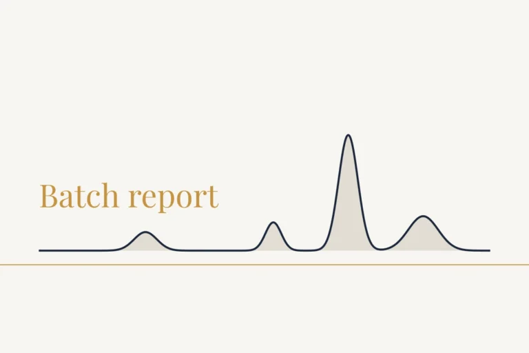 Testing and Verification card: a chromatogram trace with one tall peak and three small ones on a gold baseline